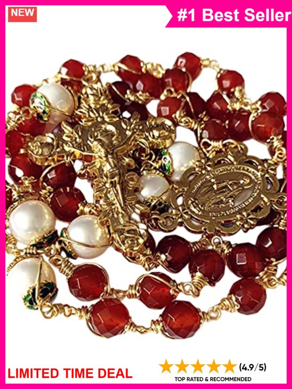 Handmade Wire Wrapped Agate & Real Pearl Rosary Cross Necklace Catholic Gift